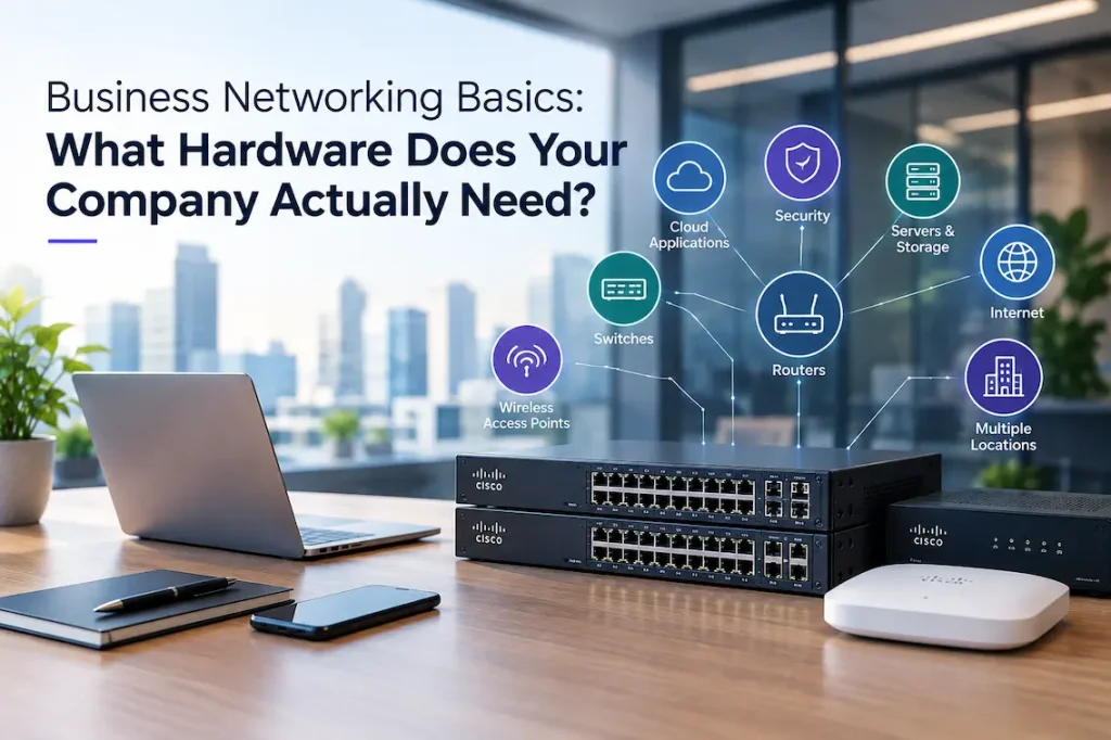 Business networking hardware including Cisco switches, router, wireless access point, and connected network components.
