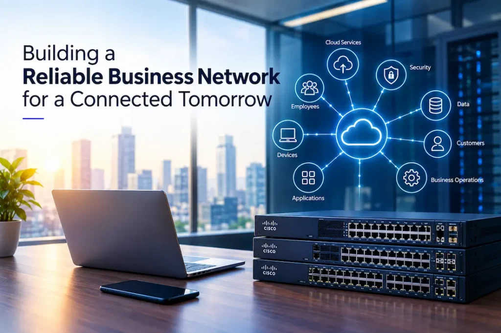 Business network with Cisco switches, connected devices, cloud, security, and applications for a modern office.