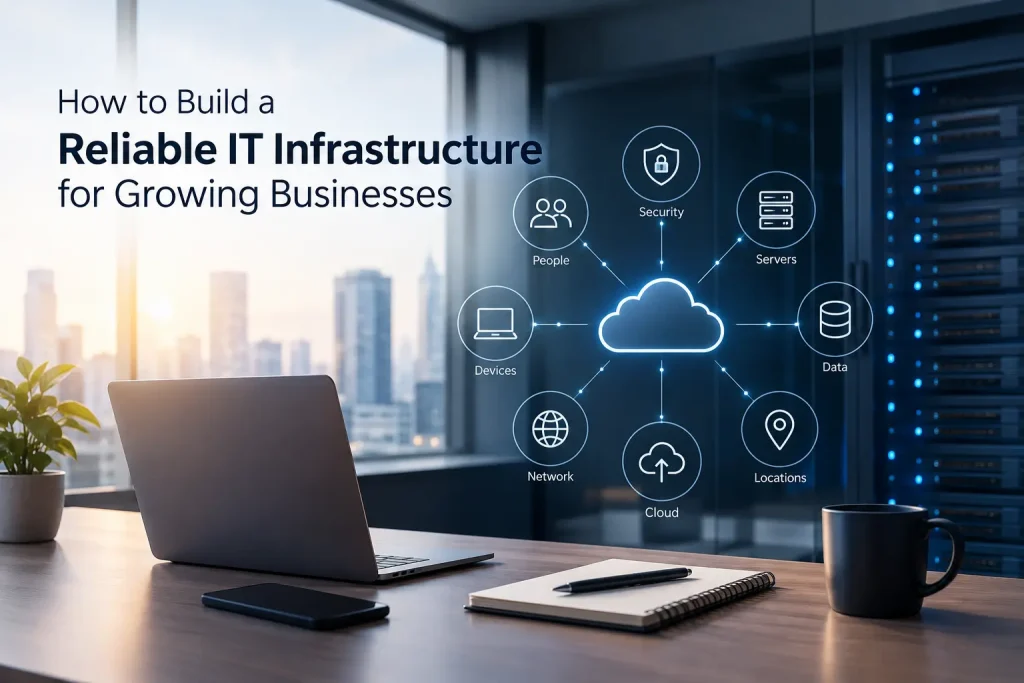 Reliable IT infrastructure for growing businesses with cloud, security, network, data, and server connectivity.
