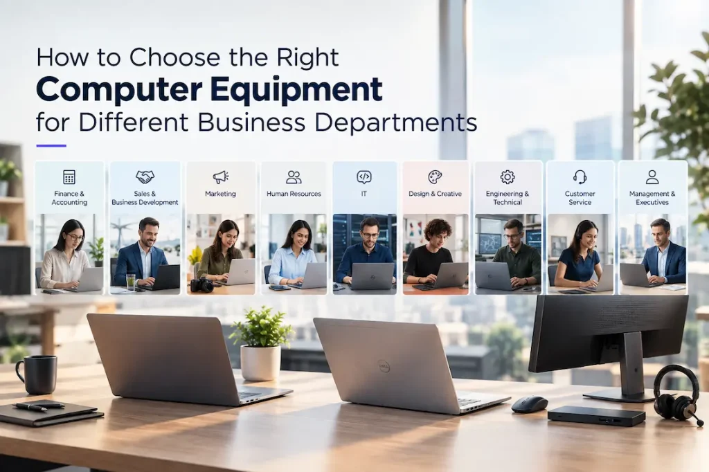 Computer equipment for different business departments, including laptops, monitors, and workplace technology.