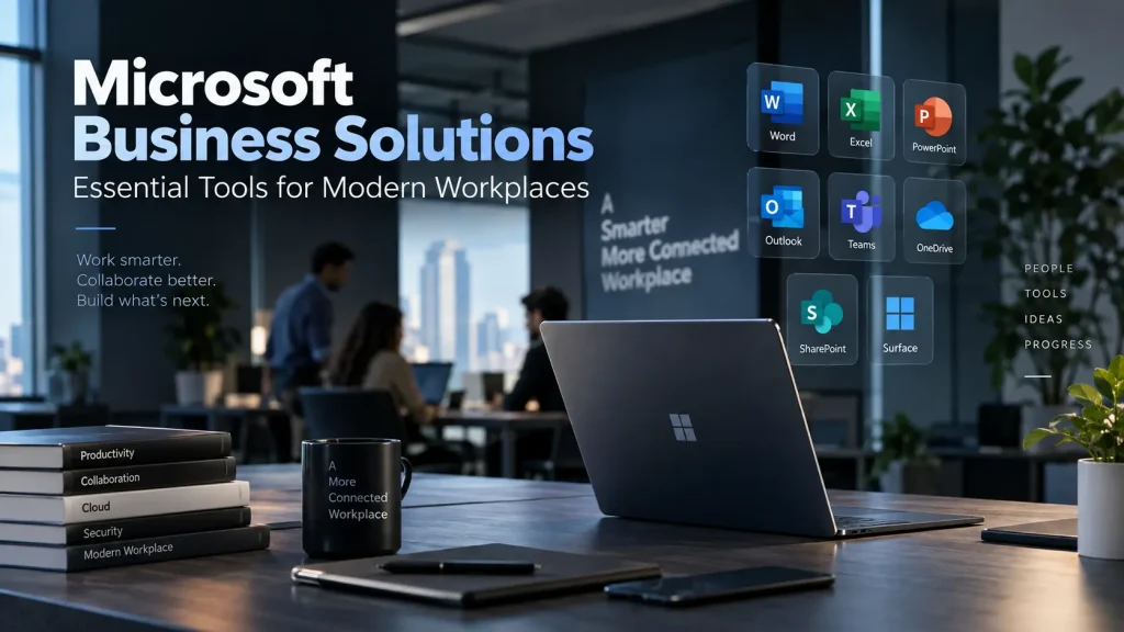 Microsoft 365 business workspace with Teams video collaboration, productivity applications, cloud storage, and workplace security elements.