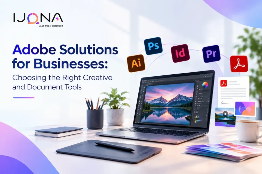 Ijona Technologies Adobe solutions banner featuring creative and document tools for businesses.
