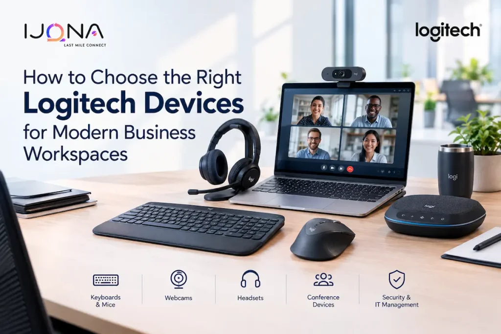Ijona Technologies banner featuring Logitech devices for modern business workspaces, including a keyboard, mouse, webcam, headset, and conference device.