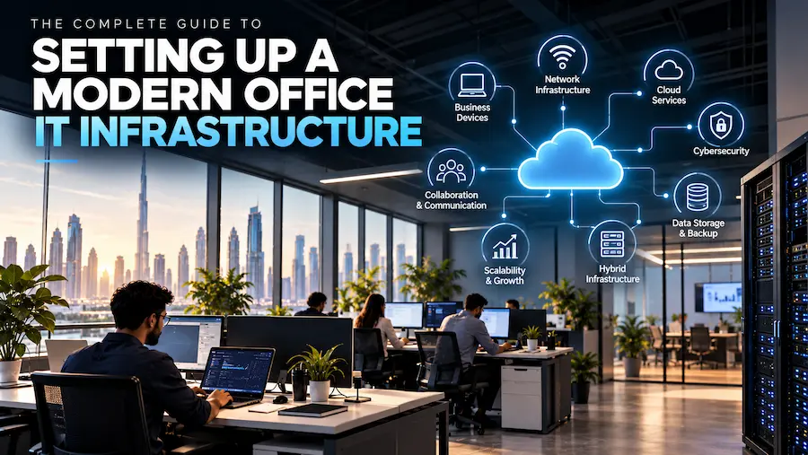 Modern office IT infrastructure with cloud, network, cybersecurity, and data storage
